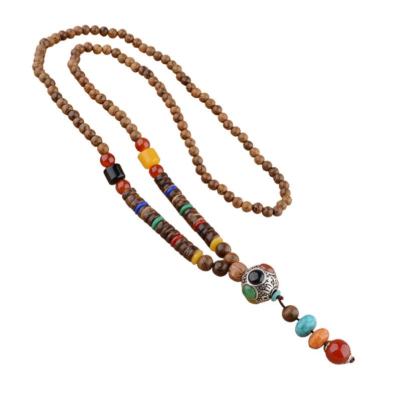 Retro Etniskt Hänge Halsband i Bomull och Lin med Träpärlor och Bodhi-berlock