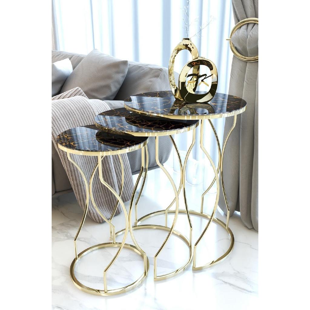 Rya 3-seat Nesting Coffee Table Gold Color Metal Leg, Marble Patterned Shatterproof Glass