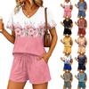 Women Two Piece Set V Neck Short Sleeve Top with Floral Print and Elastic Waist Drawstring Shorts Casual Lounge Wear