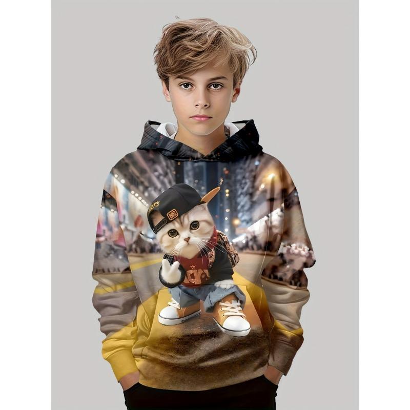 Jungenbekleidung Kawaii Katzenmuster Herbst Kapuzenpullover Lässige Mode 3-14J Sweatshirt für Jungen Outdoor Bequeme Kinderbekleidung