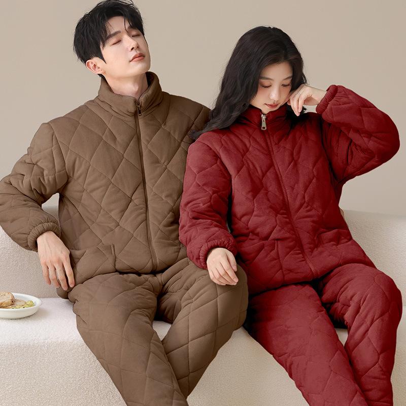 Couple Pajamas Winter Padded Zipper Stand-Up Collar Warm Three-Layer Thickened Velvet Autumn And Winter Models Can Be Worn Outside Loungewear