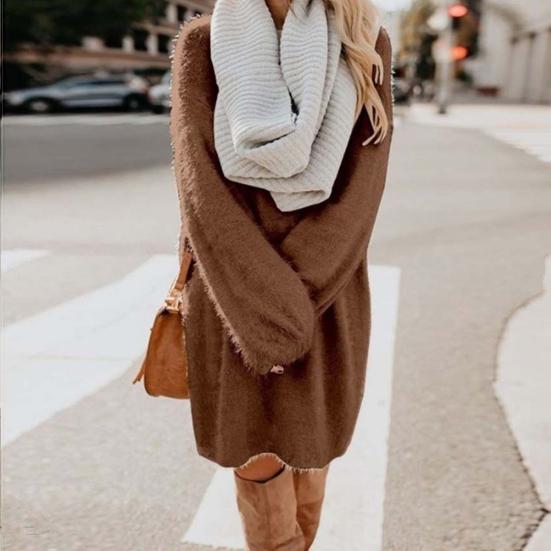 Chic Women Autumn Solid Color O Neck Sweater Fluffy Loose Knee-length Dress