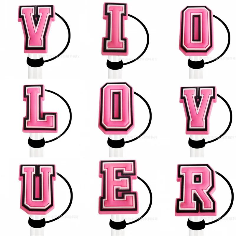 1PC Pink Letter PVC Straw Covers Cap Compatible For Most 30&40Oz Cup 10mm Straw Toppers Reusable Splash Proof Straw Caps