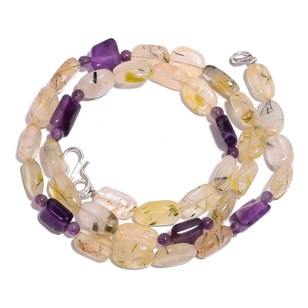 Natural Rutile Quartz Amethyst Gemstone Mix Smooth Beads Necklace 17" UB-4150 UB-4150