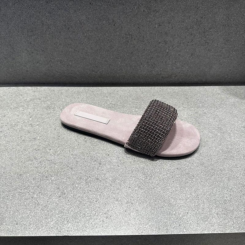 Xiao C has the same high-end purple rhinestone cool slippers for women's summer wear 2025 new versatile French flat slippers