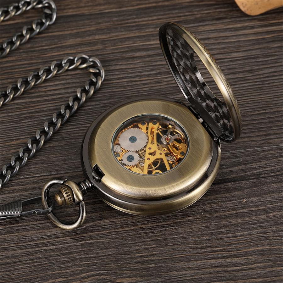 New Retro Unique Men Pocket Watch Double Scale Transparent Mechanical Pocket Watch Fob Chain