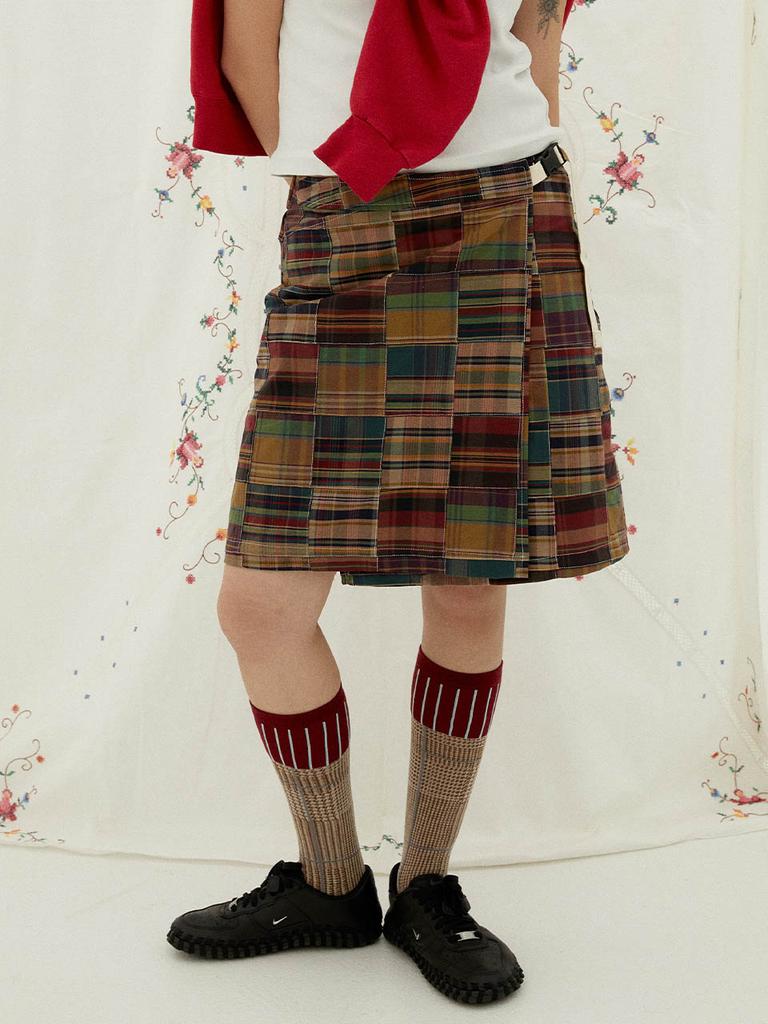 Double Quartz Warhello Patchwork Wrap Skirt (Brown)