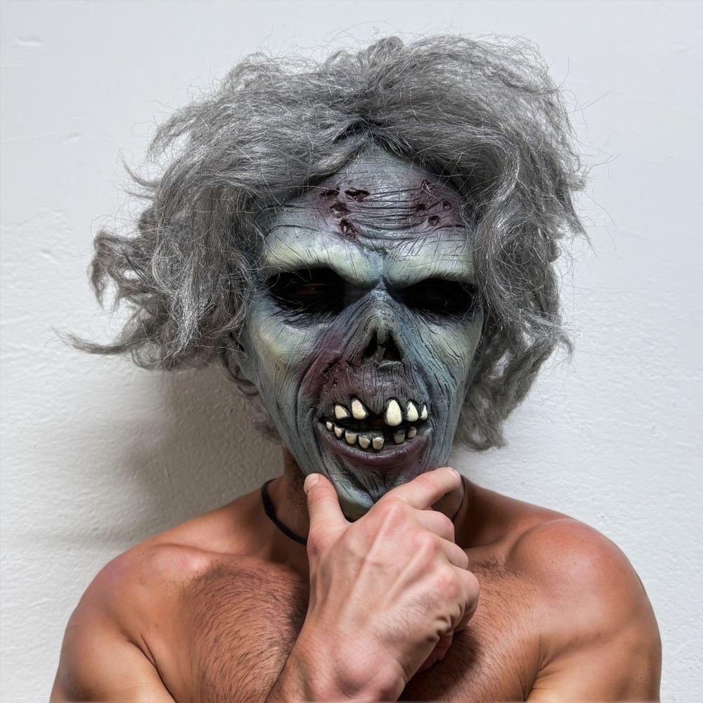Maschera Zombie Uomo Morto Grigia per Capelli in Gomma con Morso di Sangue Cicatrice di Halloween Denti Cattivi Dettagliati Accessorio Costume di Halloween