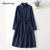 2026 New Arrival Spring Autumn Women Midi Dress Turn-Down Collar Navy Blue Green Print Lace Up Dress Long Sleeve Vintage Elegant Dress