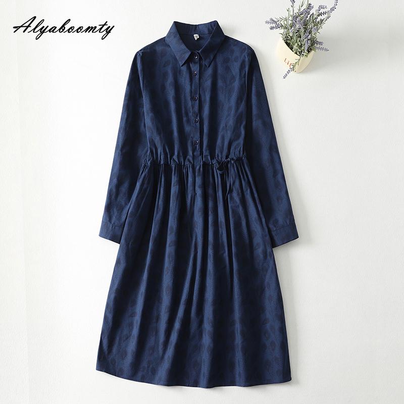 2026 New Arrival Spring Autumn Women Midi Dress Turn-Down Collar Navy Blue Green Print Lace Up Dress Long Sleeve Vintage Elegant Dress