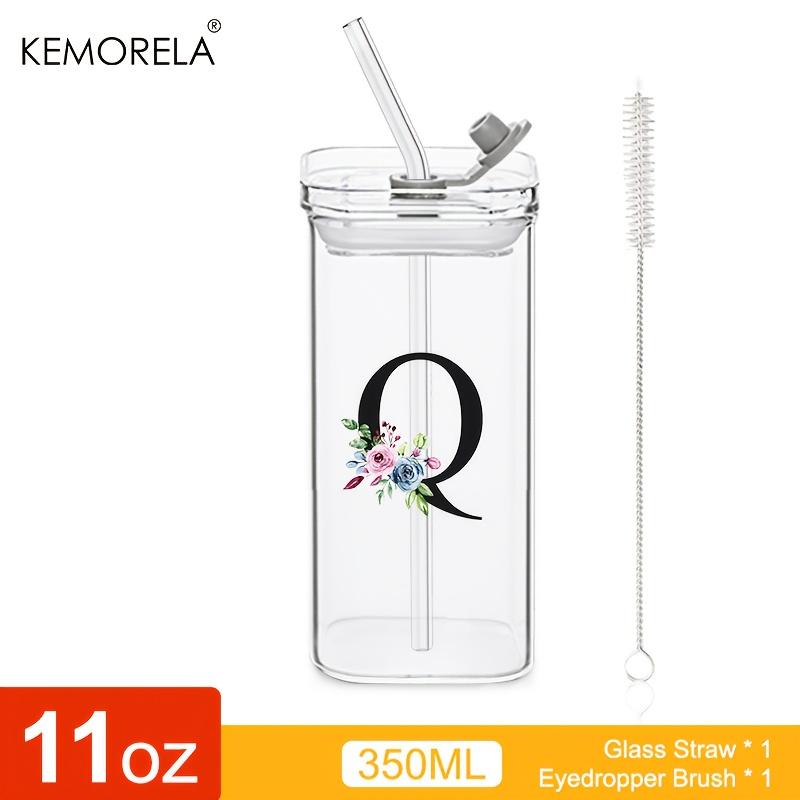 1 STÜCK 24 Buchstabenförmige Glastrinkbecher mit Deckel und Strohhalm Kaffeebecher 300ML Klarer quadratischer Trinkbecher für Kaffee Bier Milch