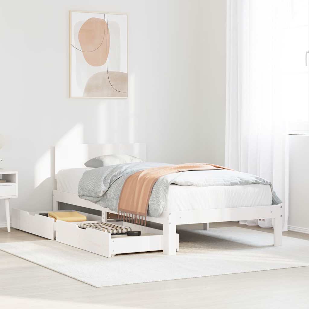 Solid Wood Bed with Drawers White 100x200 cm Pine