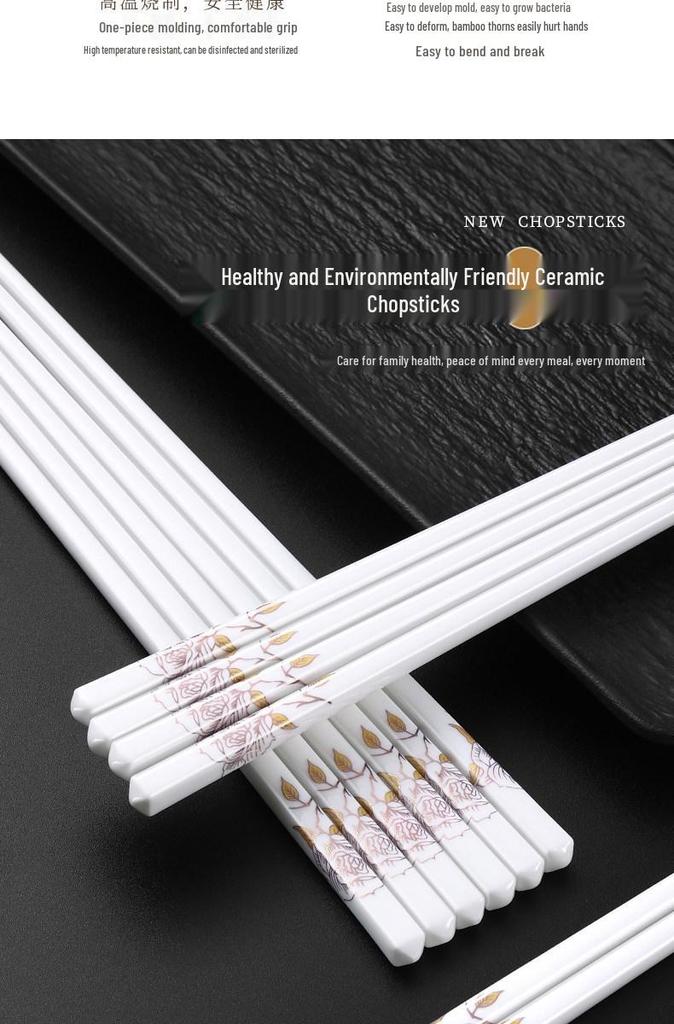 Anti-Slip Ceramic Chopsticks, Mold-Resistant, Easy to Clean, High Temp Resistant, Chinese Style, 10 Pairs