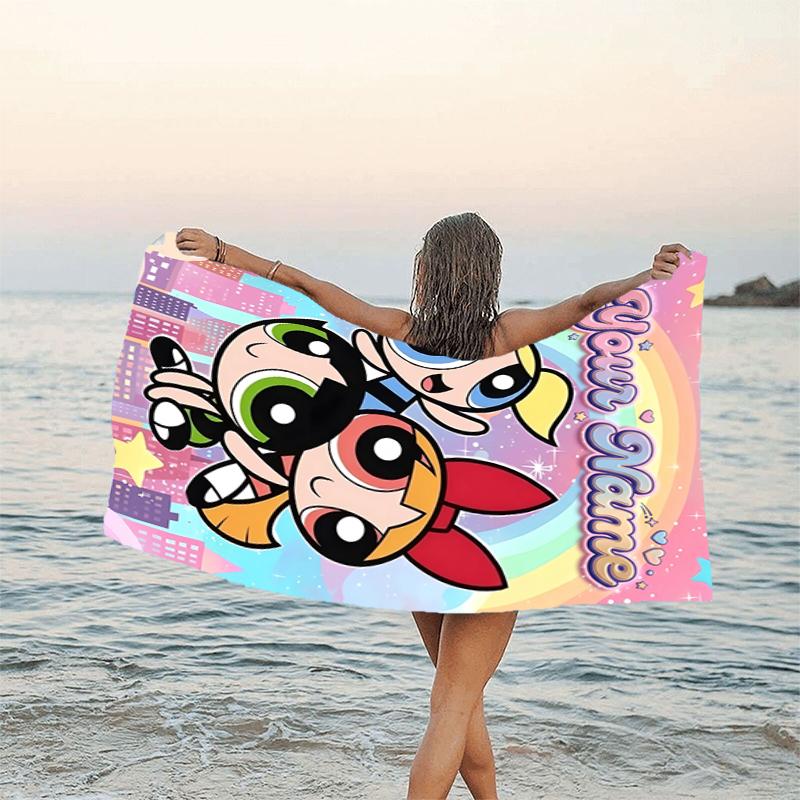 1pc Powerpuff Beach Towel with Custom Name, Beach and Seaside Swimming Pool Equipment, Fashion Pattern, Rectangular, Travel Essential
