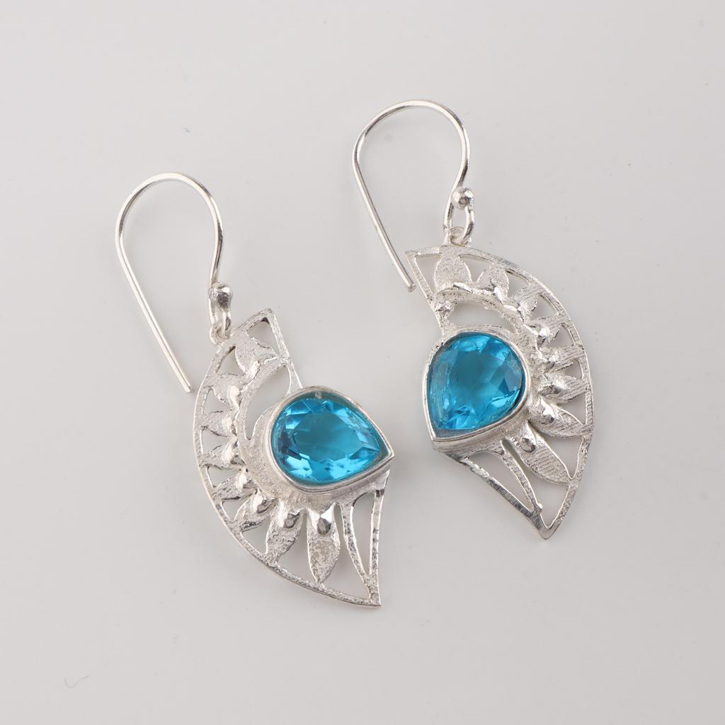 Natural Swiss Blue Topaz Gemstone Silver Earring 1.5" , 925 Sterling Silver Jewelry, Topaz Earring For Gift CE-26-15