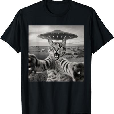Cat Selfie With Alien UFO Funny Cat Sarcastic Humor Meme Men Women Kids T-Shirt