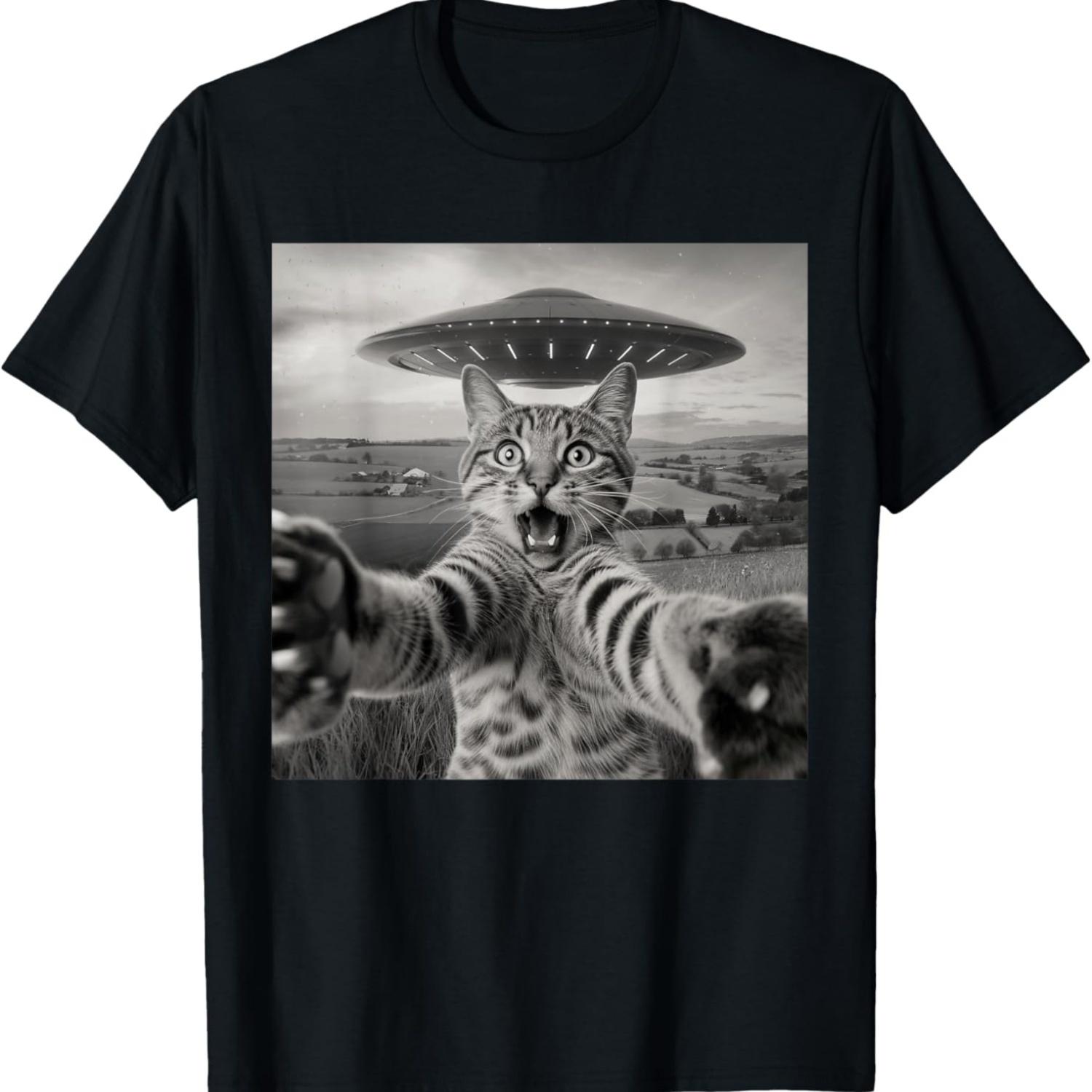 Cat Selfie With Alien UFO Funny Cat Sarcastic Humor Meme Men Women Kids T-Shirt S чёрный