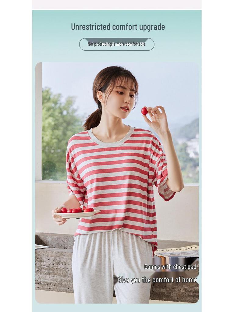 Women's Summer Three-Piece Modal Pajama Set with Bra Pads - Short Sleeve Top, Shorts, and Long Pants for Indoor/Outdoor Wear