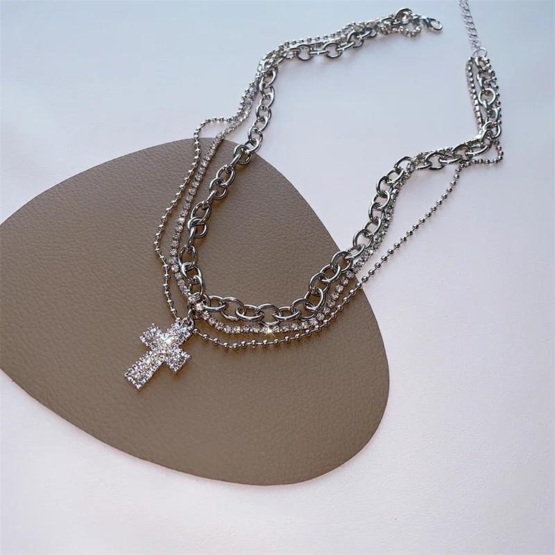 

Zircon Cross Pendant Necklace Women Girl Sweet Cool Style Y2K Multi Layered Clavicle Chain Jewelry Birthday Party Accessories срібний