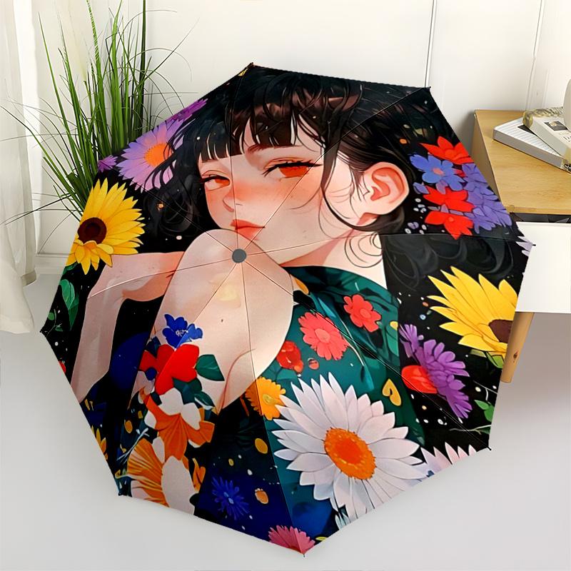 

1pc Floral Printed Umbrella with Auto Open Close Mechanism, Foldable Design, Iron Frame, Outdoor Use, Festival Gift, Suitable for Fans, Travel, D