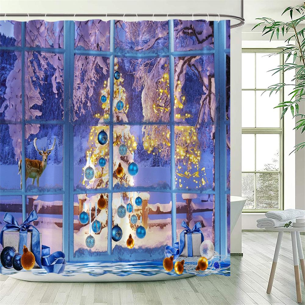 סט וילונות מקלחת חג המולד איש זנגביל גשם שלג ,כדורי חג המולד צבעוניים בד פוליאסטר וילון אמבטיה לעץ חג המולד חורפי דקור
