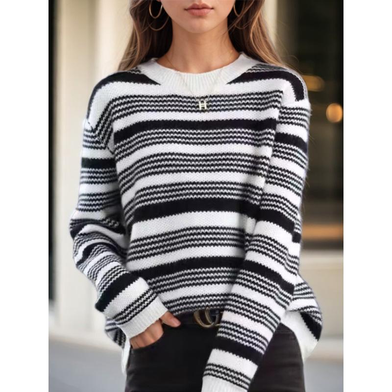 Tooxika Women's Clothing 2024 Autumn And Winter New Contrast Color Striped Pullover Sweater Top Round Neck Contrast Color Sweater For Women