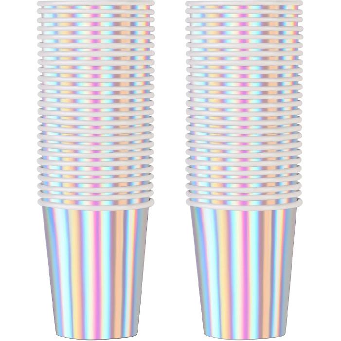 Iridescent Paper Cups 9 oz [50 pack] Disposable Coffee Cup Hot Cold Drinks Tea Water Milk Juice Beverages Holographic Rainbow Party Decorations for