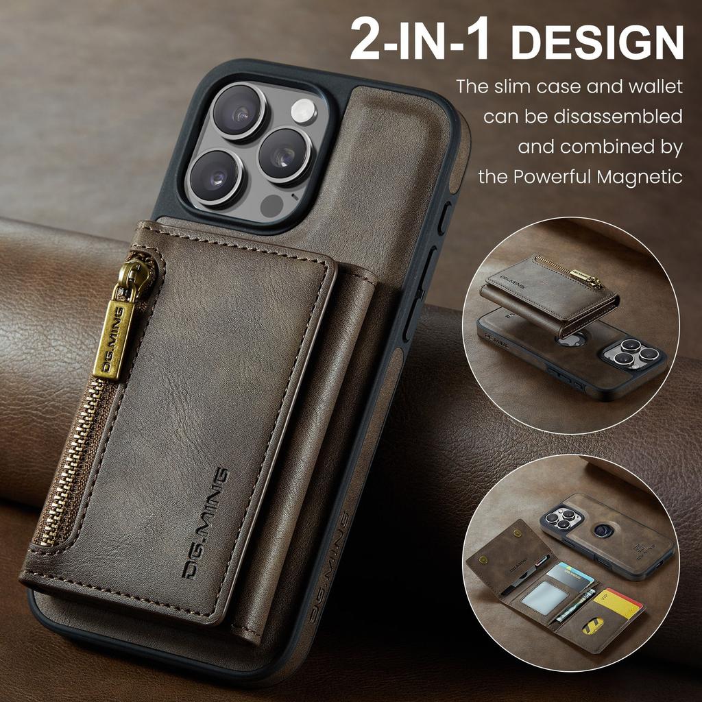 Leather Phone Case for iPhone 16 pro Max 16E 17 Air 15 plus 14 13 12 11 2 in 1 Magnetic RFID Blocking Zipper Card Holder Wallet