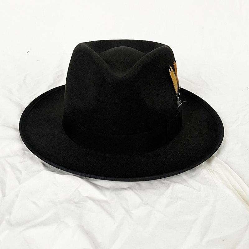 Black Fedora Hat for Men Women Party Hat with Feather Cosplay Costume Flat Top Hat Hippies Cap Stage Performances Props
