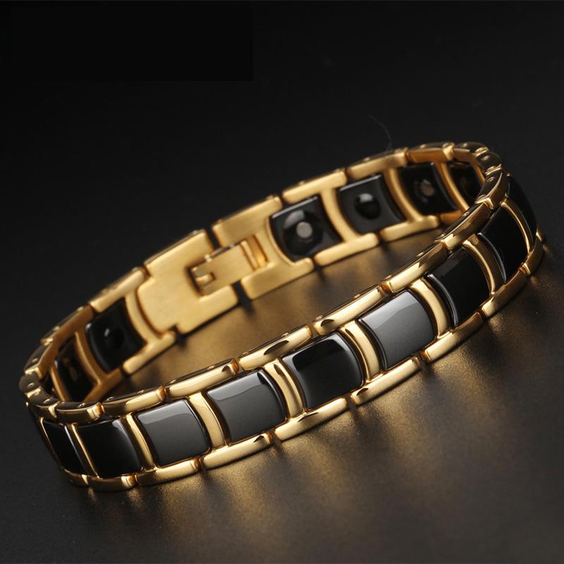 12mm Punk Rose Gold Color Stainless Steel Magnetic Health Chain Bracelet Men Women Hiphop Black White Ceramic Bangle Jewelry