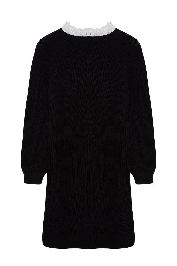 Women's Fashionable Stylish Hijab Sweater Black Guipure Detailed Thessaloniki Knitwear Sweater