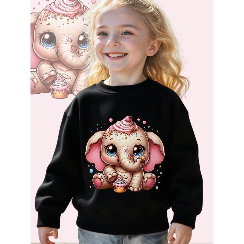Girls/Boys "Creamy Cutie: A Sweet Elephant Delight" Print Long Sleeve Crewneck Sweatshirt - Soft Casual Pullover Top