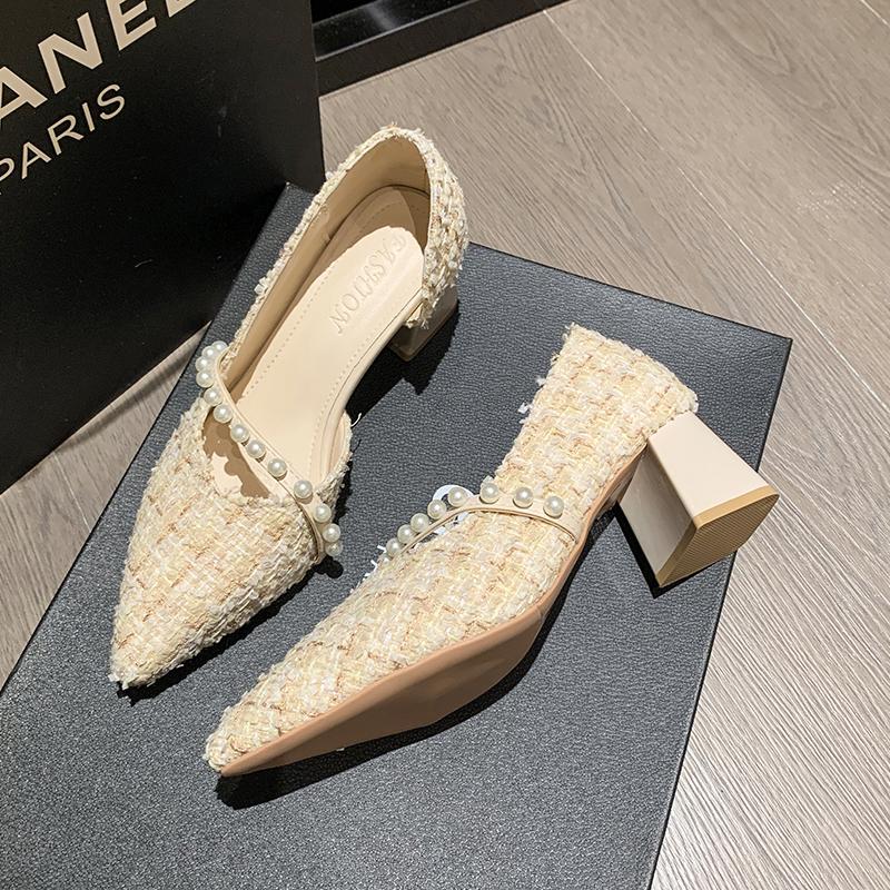 Fashion Spring New Coarse Heel Shoes Women Fashion Pointed Shallow Mouth Cloth Surface Bead Anti-slip Wear-resistant High Heels