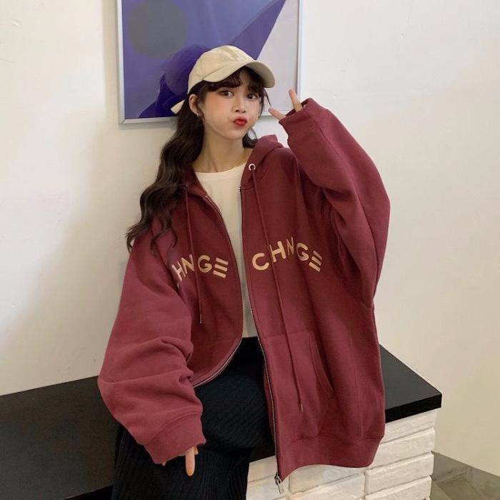 Women's 65% Cotton Embroidered Hooded Sweatshirt - Korean Style Loose Zip-up Jacket (2025 Student Collection)