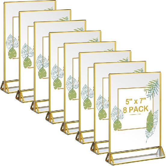 8 Pack Acrylic Sign Holder Gold Borders,4 X 6 Gold Table Number Holders Vertical Stand,Double Sided Clear Picture Frames,Gold Sign Holders Display