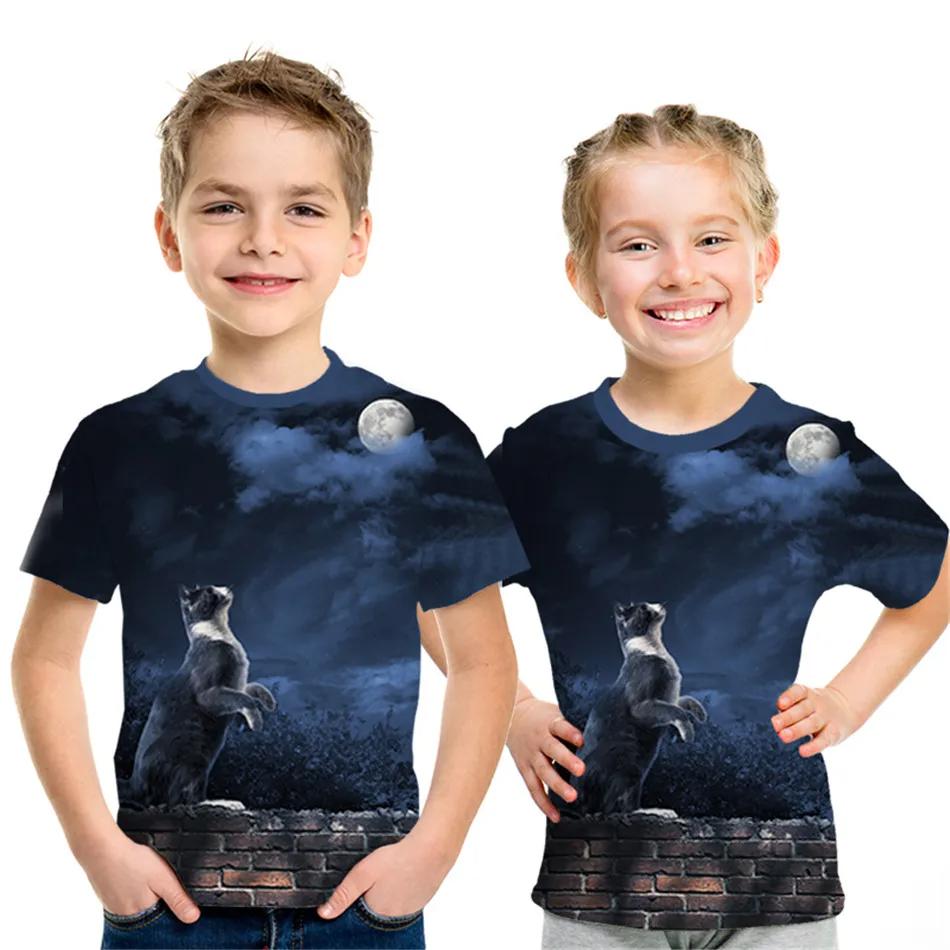 Children's Clothing Boy Girl Short Sleeve Children Summer Clothes 3D Cat Print Lovely Black T-Shirt 2024 Kids Clothes Girl Tops