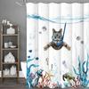 Blue-Green Cartoon Marine Life & Cat Pattern Shower Curtain - Polyester, All-Season Use