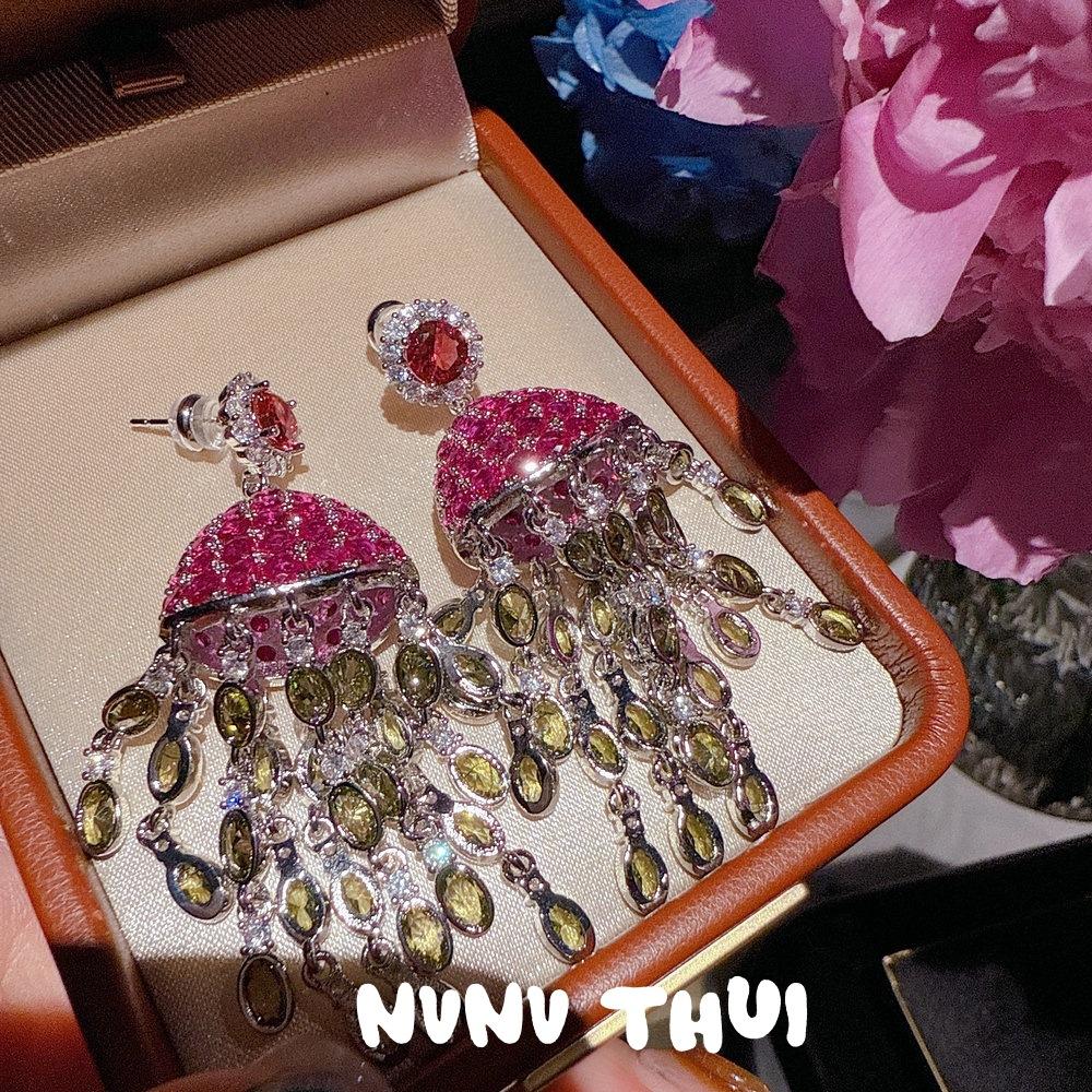 Jewelry Concubine Rose Pink Jellyfish Gemstone Fringed Earrings Banquet Haute Couture Olive Green Ice Flower Cut Zircon Necklace Set