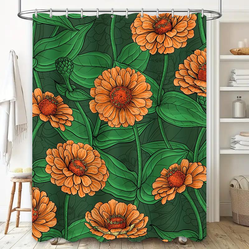 Green Floral Shower Curtain Orange Sunflower Print for Bathroom Decor Waterproof Fabric Shower Panel Liner Size Customizable.