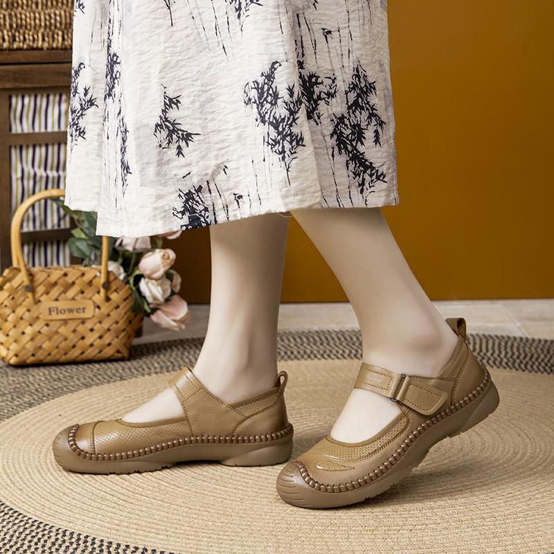 Johnature Boty z pravé kůže s měkkou podrážkou, ploché, retro, s kulatou špičkou, mělké, všestranné, pohodlné dámské boty