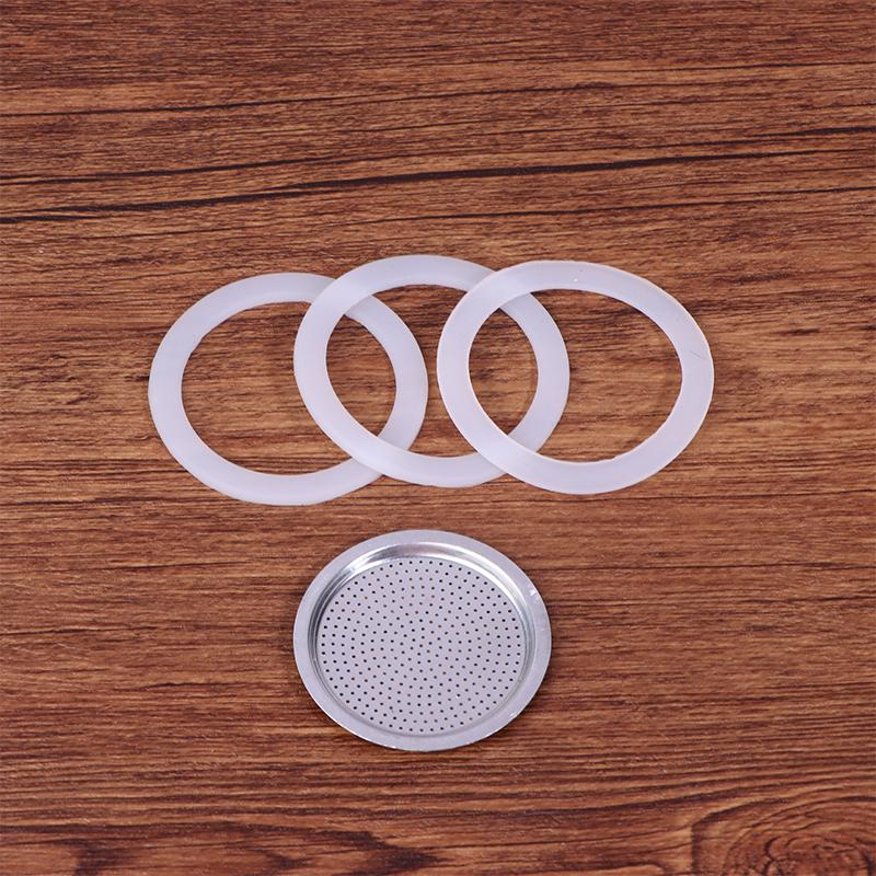 4Pcs/Set 3 Silicone Gaskets + Aluminum Filter Moka Pot Coffee Bottle Replacement Compatible With 1/2/3/6/9/12 Coffee Cup