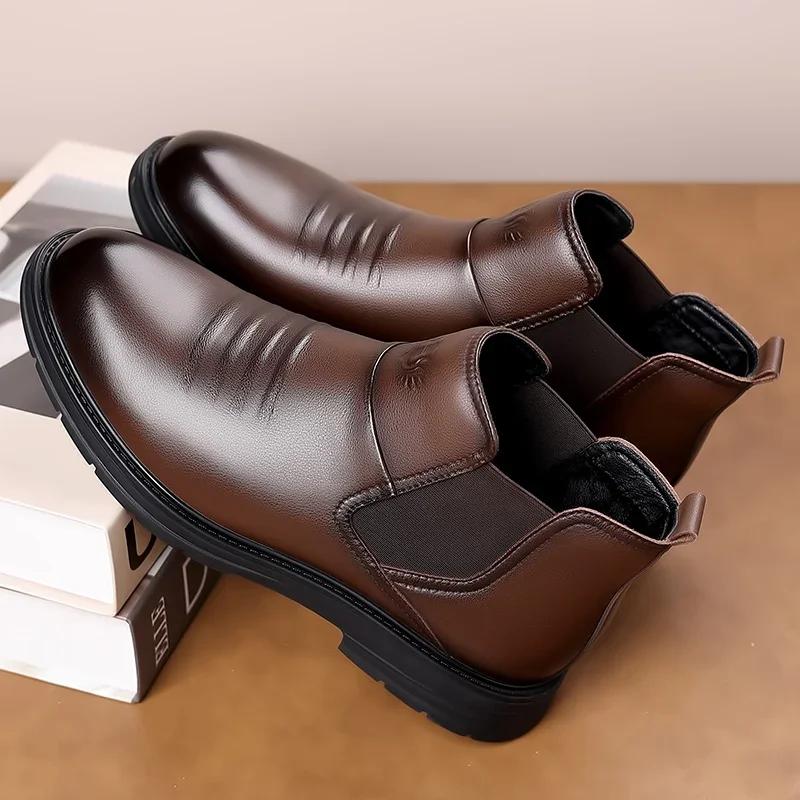 Pánské kotníkové boty ležérní kožené boty na zip kulatá špička módní obuv zimní kožíšek univerzální pánské kotníkové boty nazouvací společenská obuv