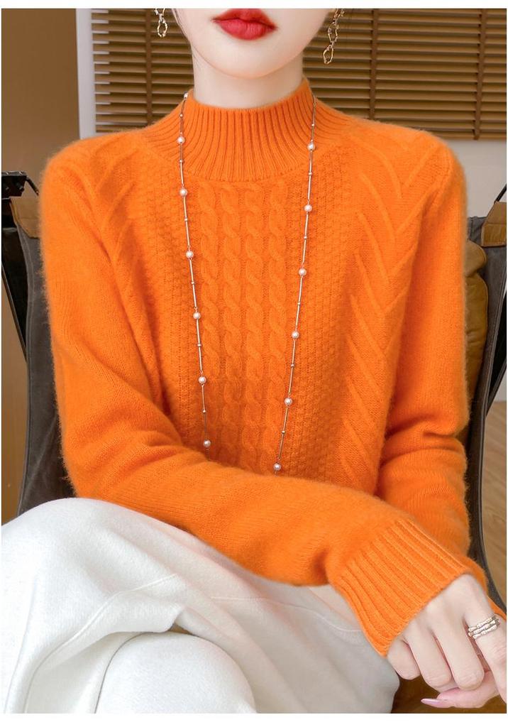 2024 Women's Thick Wool Cable Knit Half-High Neck Pullover Sweater for Autumn and Winter.
