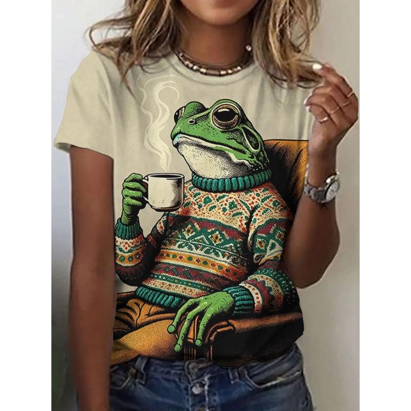 Women's round-neck T-shirt with a cat pattern print