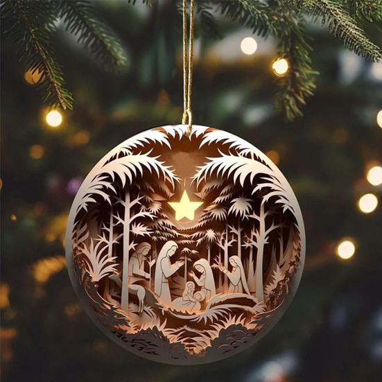 12 Pcs Nativity Scene Ornament Round Wooden Birth of Jesus Christian Keepsake Religious Hanging Pendant for Christmas Home Car Decor