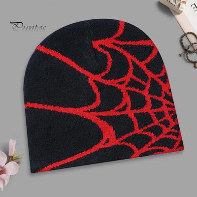 Unisex Winter Hat Spider Web Jacquard Knitted Dome Elastic Contrast Color Brimless Cold Weather Cap Cosplay Club Party Headwear