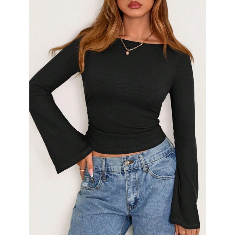 Top da Donna Girocollo Corto Maniche a Svaso Y2k Aderente Versatile Casual Manica Lunga