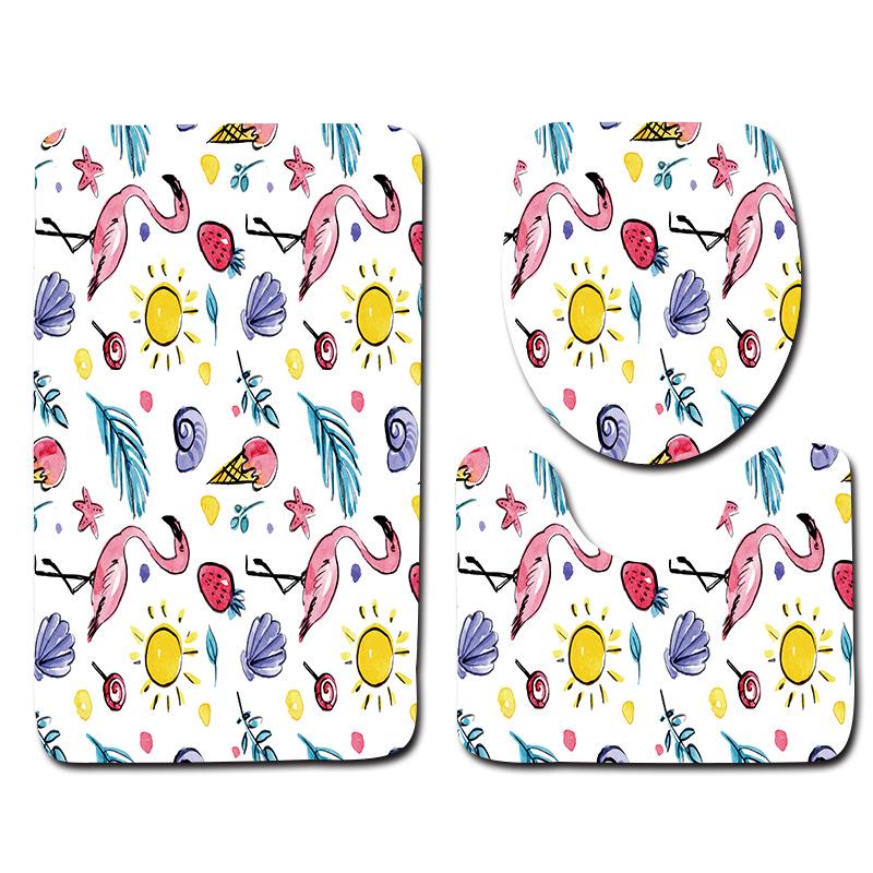 European And American Style Pink Cute Animal Flamingo Floor Mat Carpet Girl Heart Hand-Painted Illustration Toilet Three-Piece Set