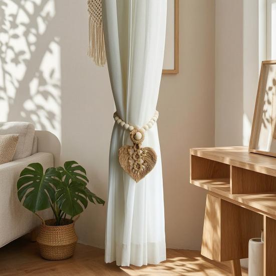 Functional Window Curtain Embellishments Braided Leaf Tieback, Boho Wooden Bead Holder, Textile Decorations Rustic Farmhouse Drapery Holdback