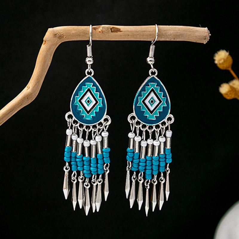 Vintage Ethnic Rice Bead Tassel Earrings for Women Small Simple Boho Drop Oil Silver Earrings Vacation Daily Jewelry